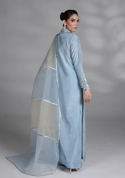 Ice Blue Embellished Silk 3 Piece - AM-14