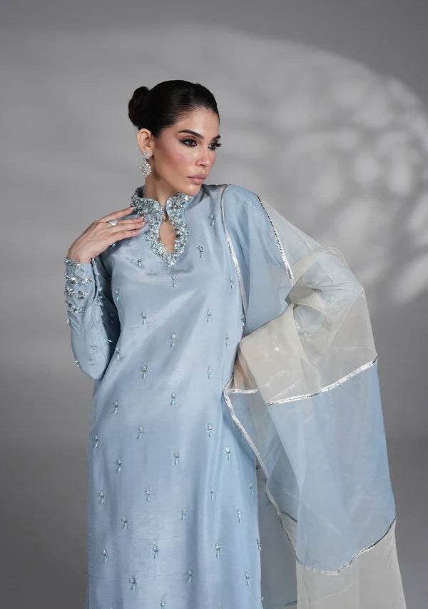Ice Blue Embellished Silk 3 Piece - AM-14