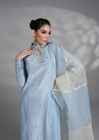 Ice Blue Embellished Silk 3 Piece - AM-14