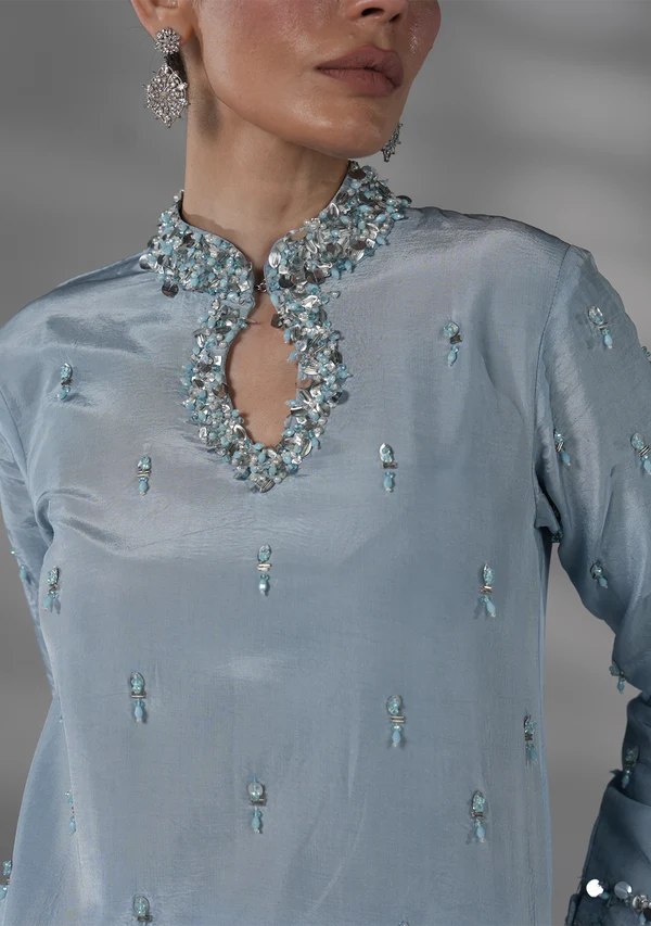Ice Blue Embellished Silk 3 Piece - AM-14