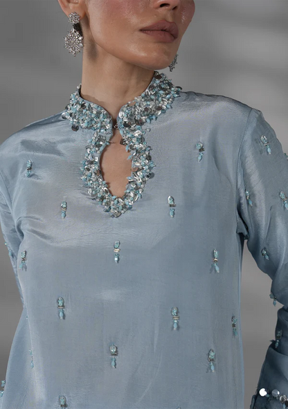 Ice Blue Embellished Silk 3 Piece - AM-14