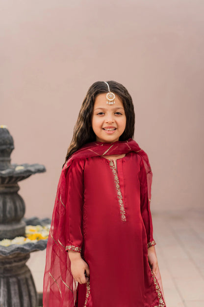 Kids Maroon Silk Suit - 3pc