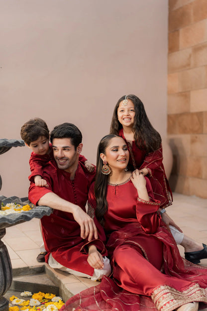 Kids Maroon Silk Suit - 3pc