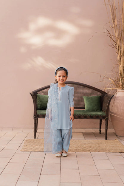 Kids Sky-Blue Silk Suit - 3pc