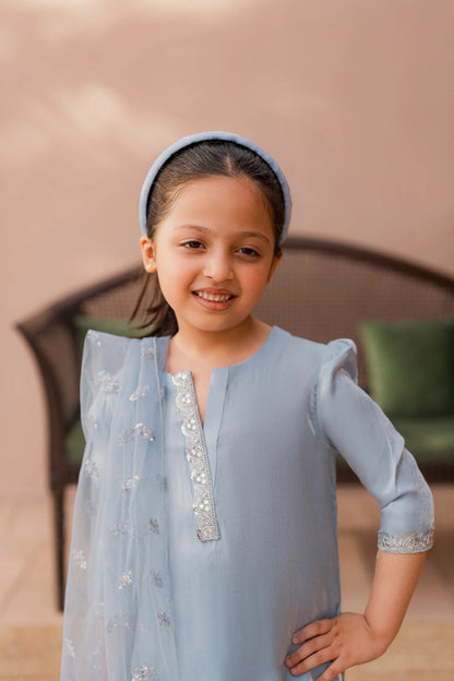 Kids Sky-Blue Silk Suit - 3pc