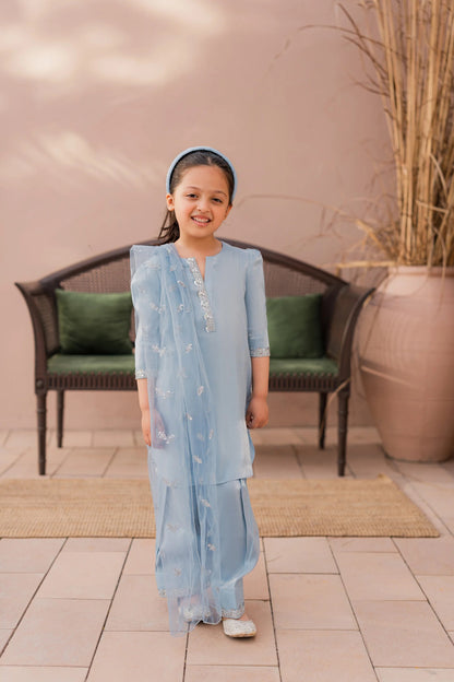 Kids Sky-Blue Silk Suit - 3pc