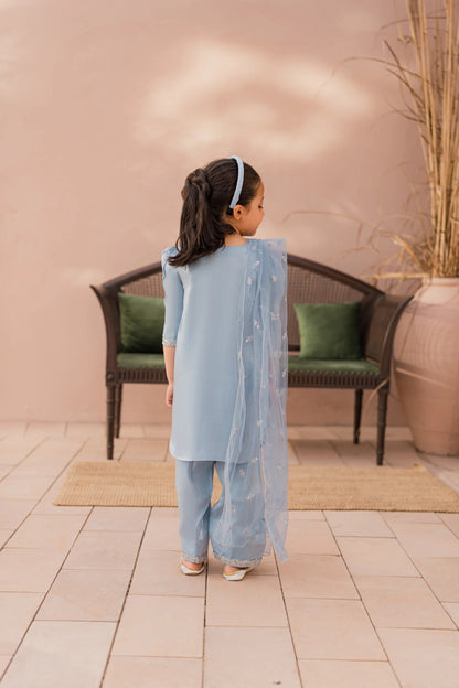 Kids Sky-Blue Silk Suit - 3pc