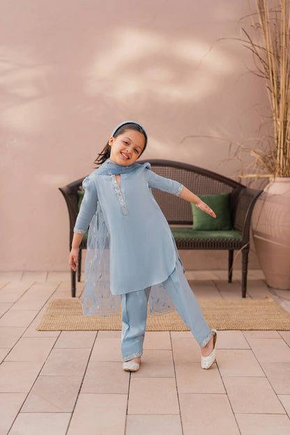 Kids Sky-Blue Silk Suit - 3pc