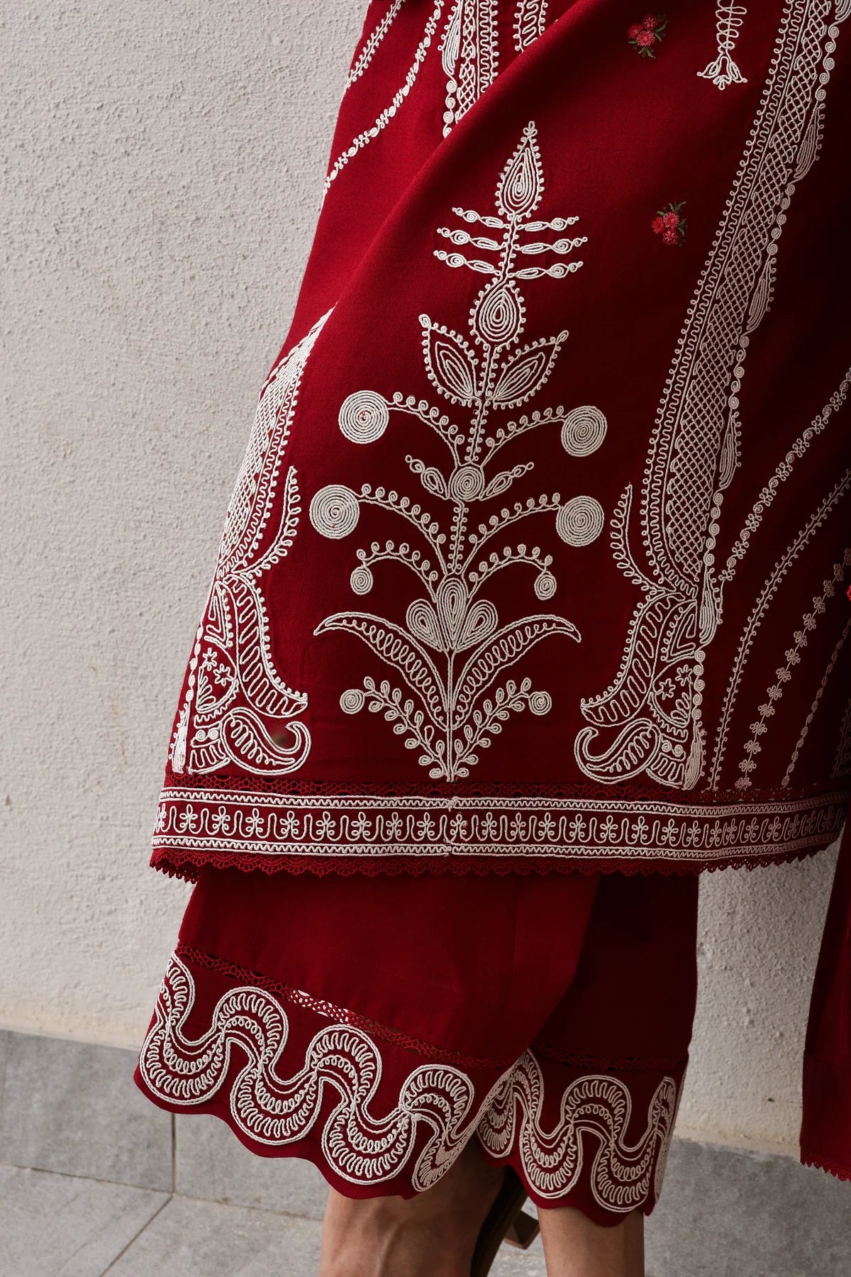Dori  Luxury Embroidered Karandi Set - Deep Red