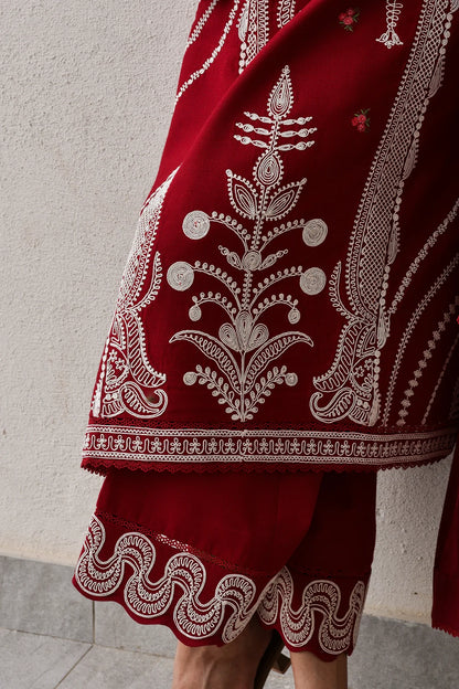 Dori  Luxury Embroidered Karandi Set - Deep Red