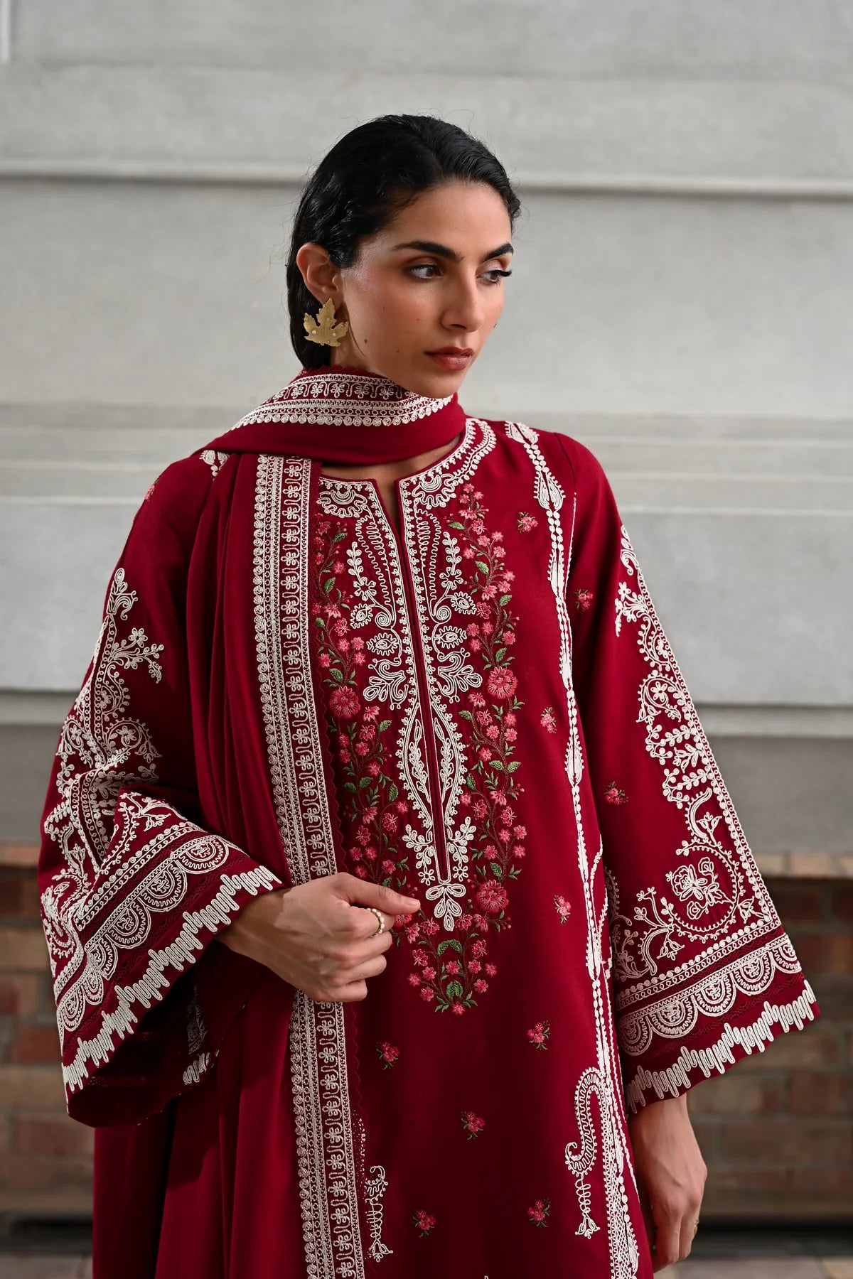 Dori  Luxury Embroidered Karandi Set - Deep Red