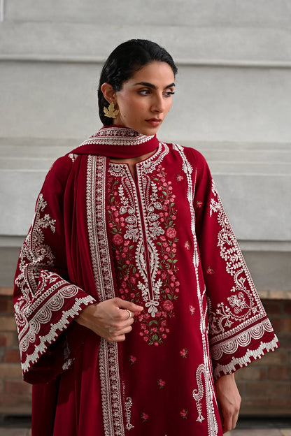 Dori  Luxury Embroidered Karandi Set - Deep Red