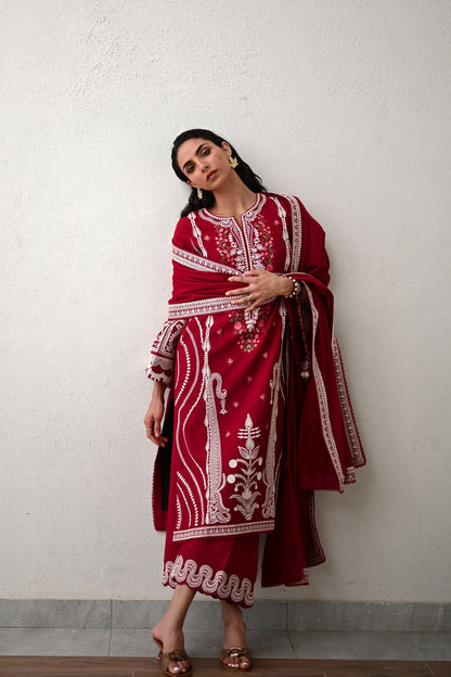 Dori  Luxury Embroidered Karandi Set - Deep Red