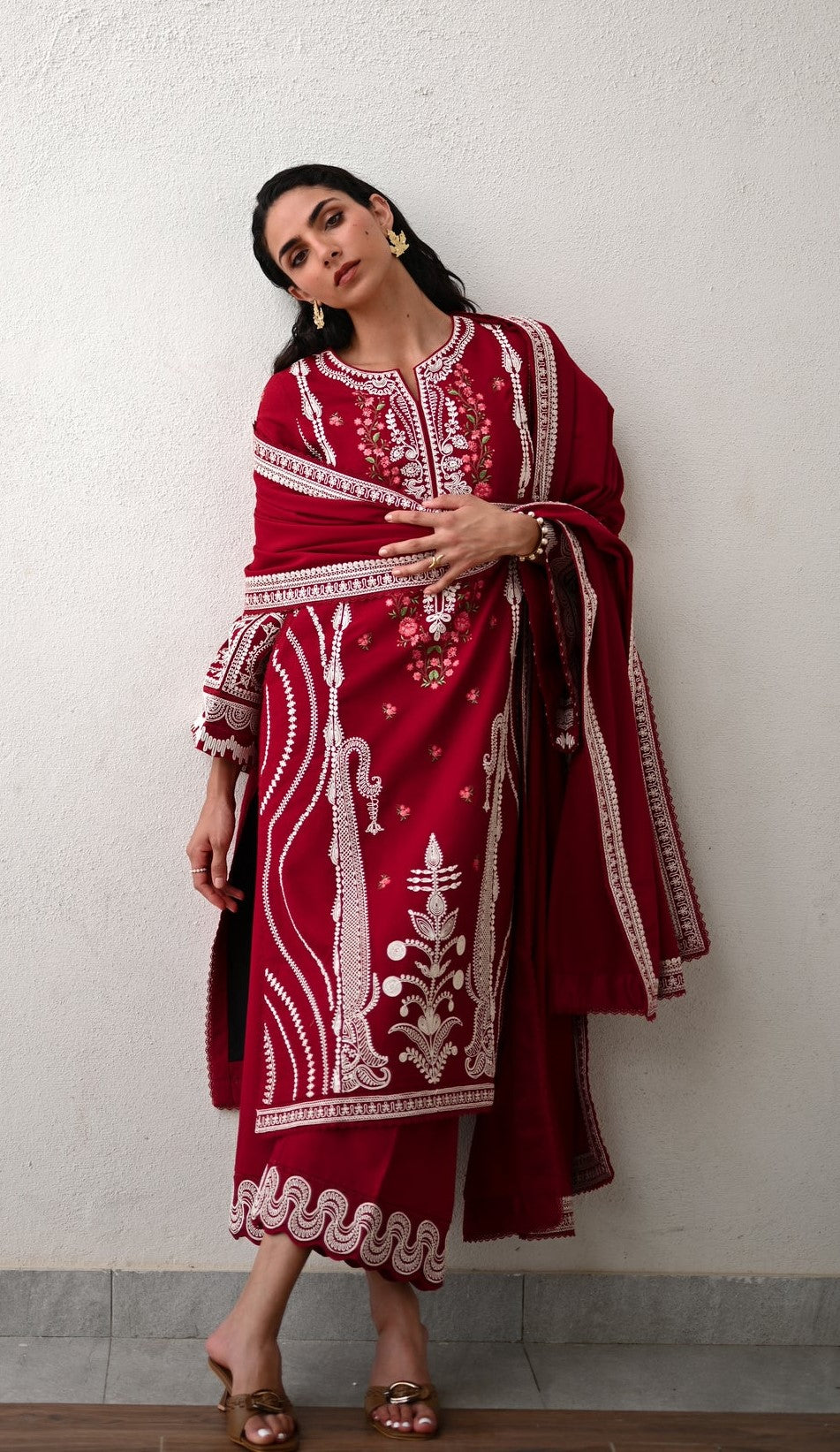 Dori  Luxury Embroidered Karandi Set - Deep Red