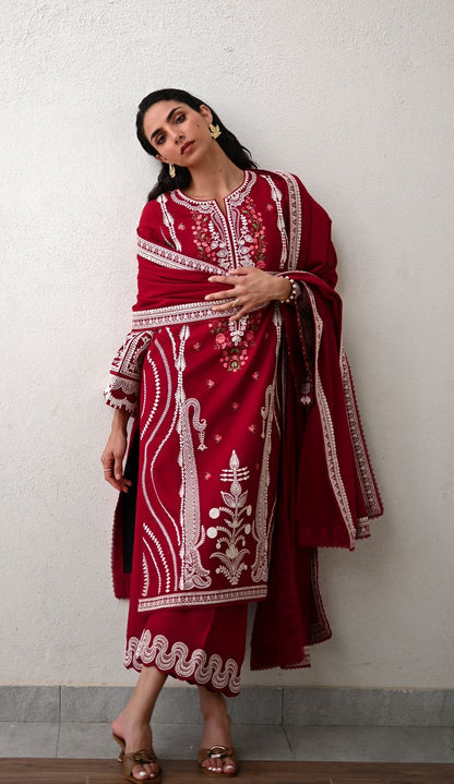 Dori  Luxury Embroidered Karandi Set - Deep Red