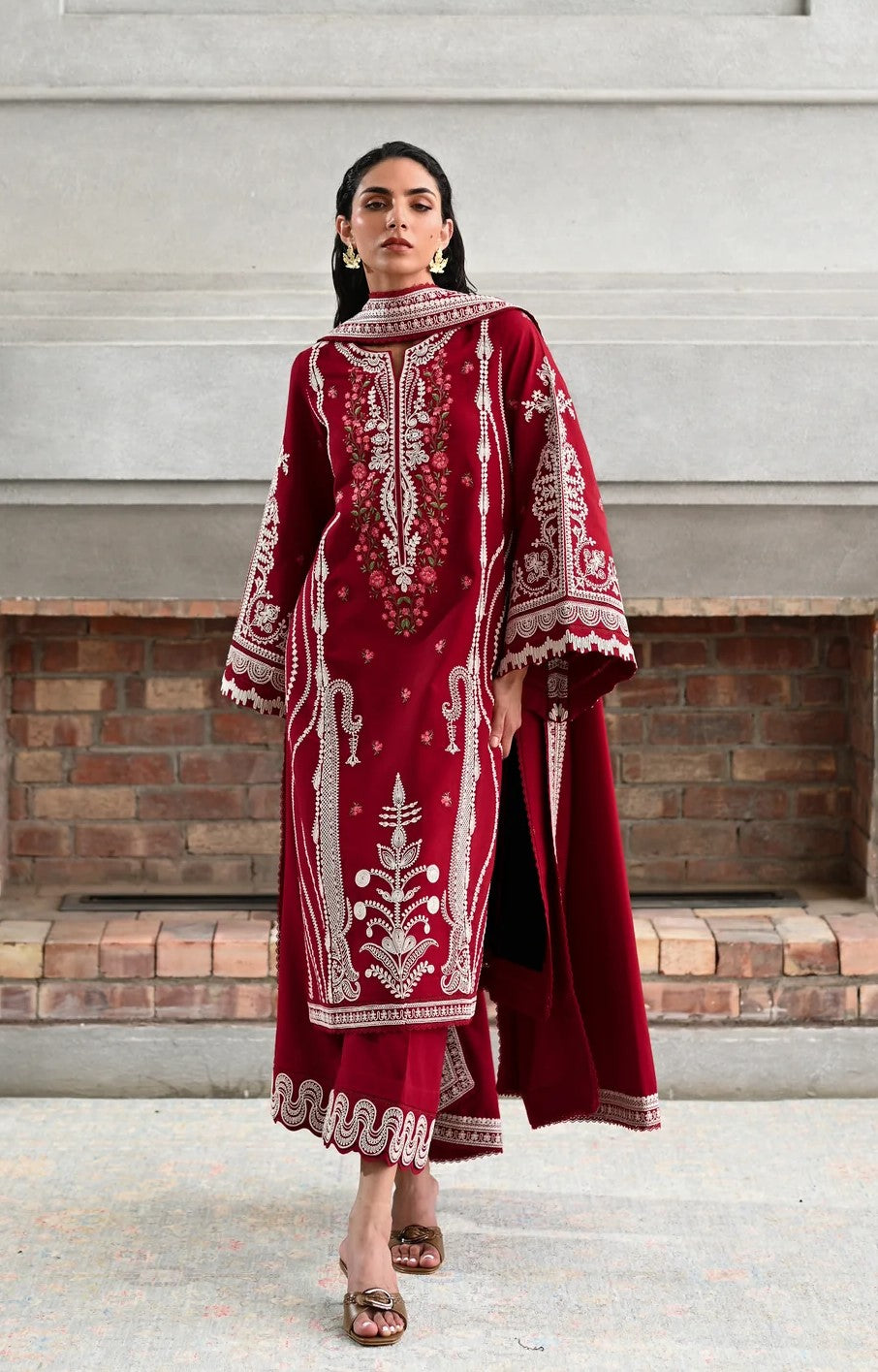 Dori  Luxury Embroidered Karandi Set - Deep Red