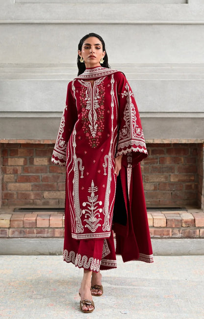 Dori  Luxury Embroidered Karandi Set - Deep Red