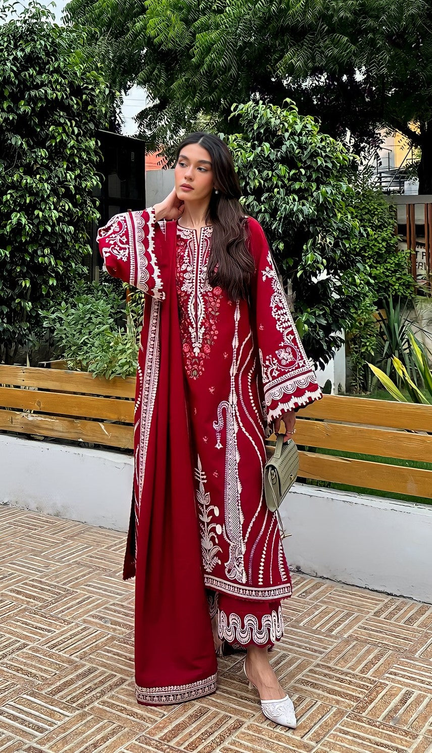 Dori  Luxury Embroidered Karandi Set - Deep Red