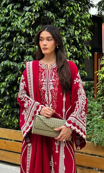 Dori  Luxury Embroidered Karandi Set - Deep Red