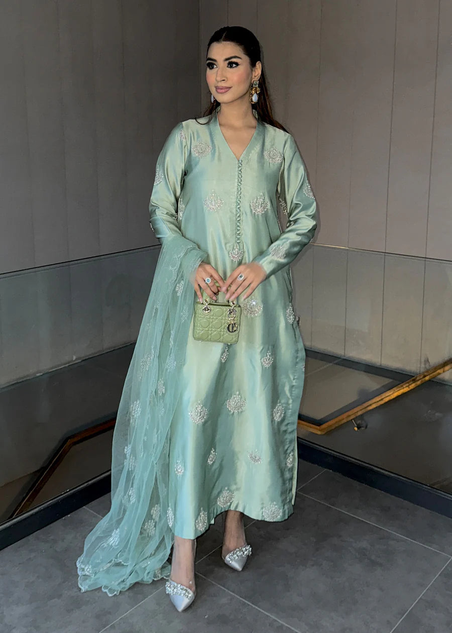 3pc Luxury Set - Mint Embroidered Silk Suit