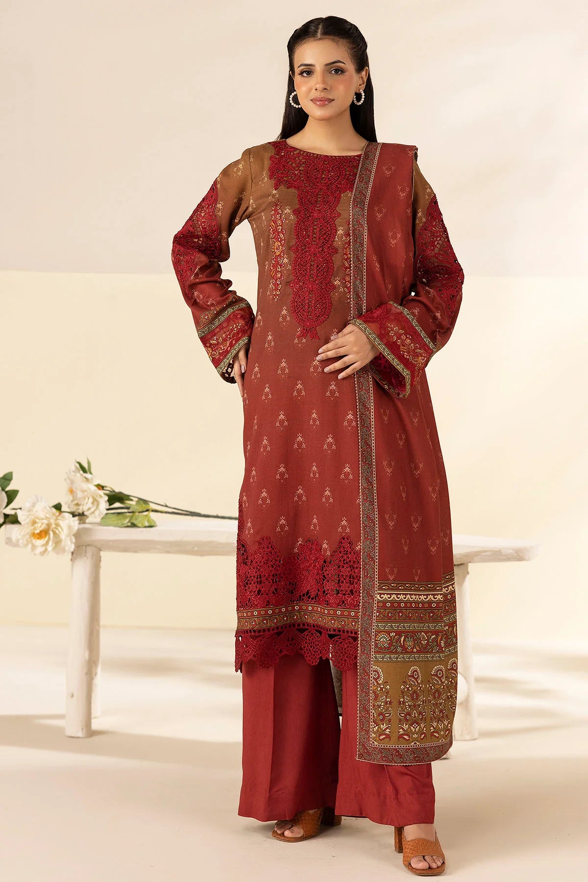 Deep Red Embroidered Linen 3PC - Noura