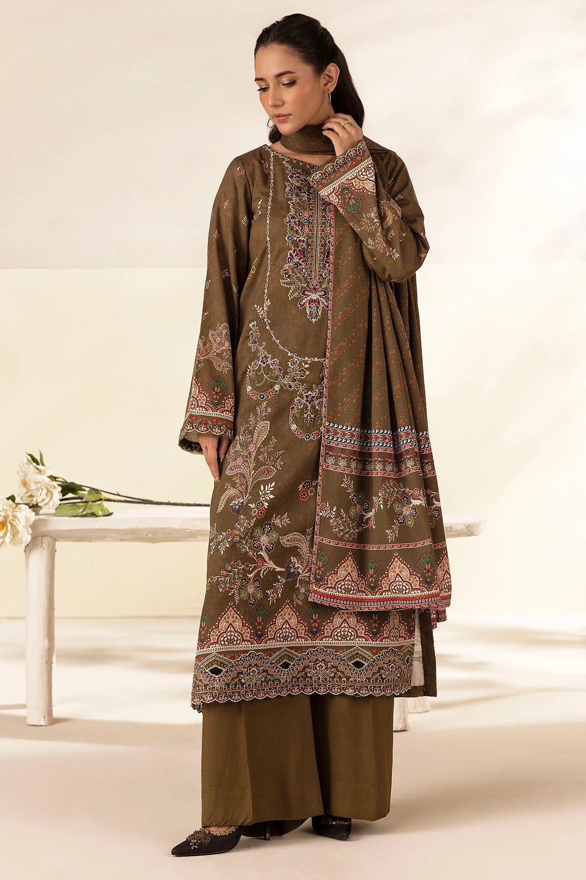 Dark Olive Embroidered Linen 3PC - Sania