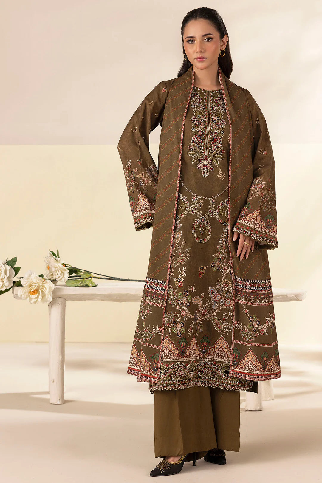Dark Olive Embroidered Linen 3PC - Sania