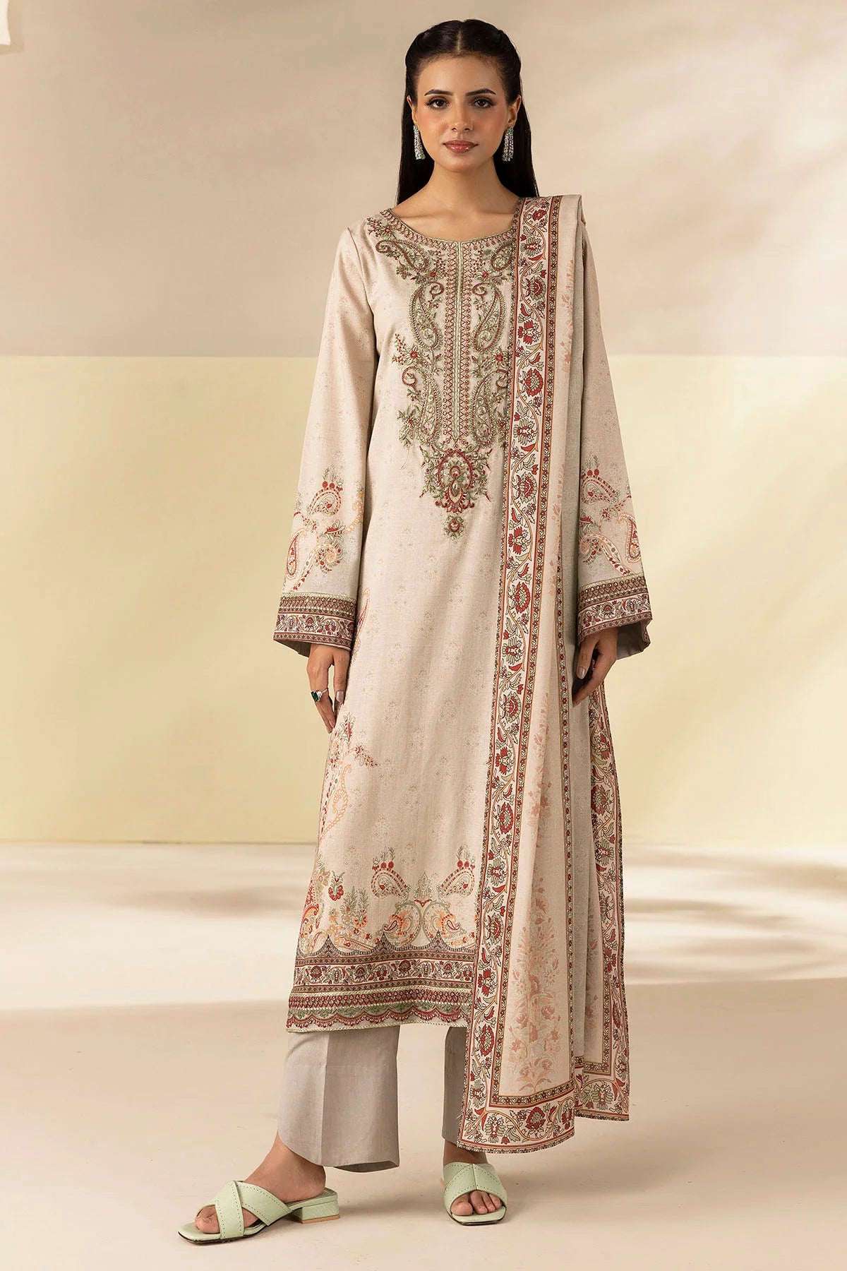 Beige Embroidered Linen Pret 3pc - Zabel