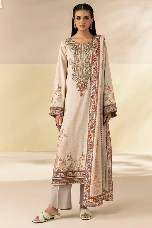 Beige Embroidered Linen Pret 3pc - Zabel