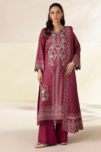 Plum Embroidered Linen 3PC - Afifa