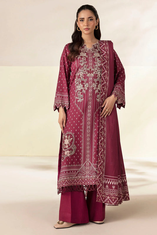 Plum Embroidered Linen 3PC - Afifa