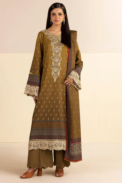 Mehandi Green Embroidered Linen 3PC - Hawa