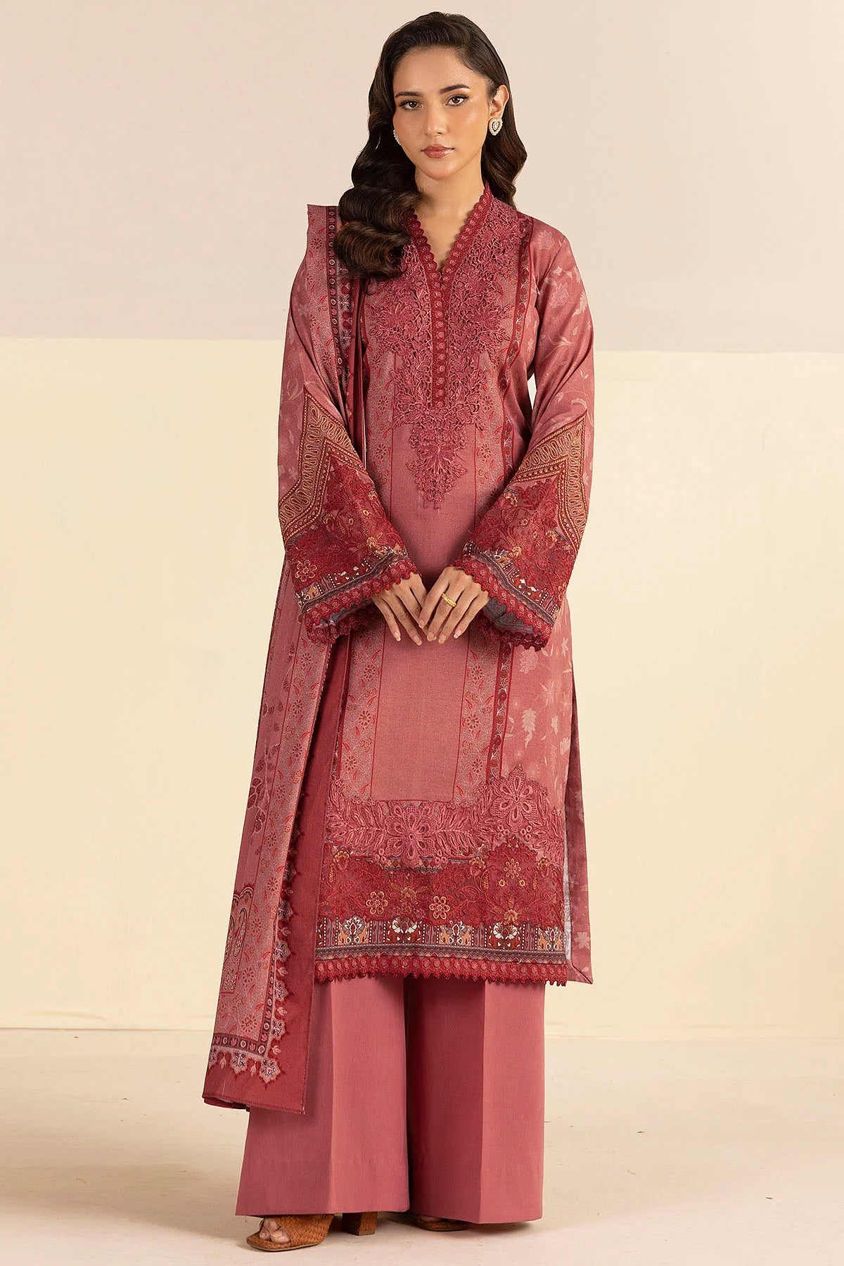 Dull Pink Embroidered Linen 3PC - Safa