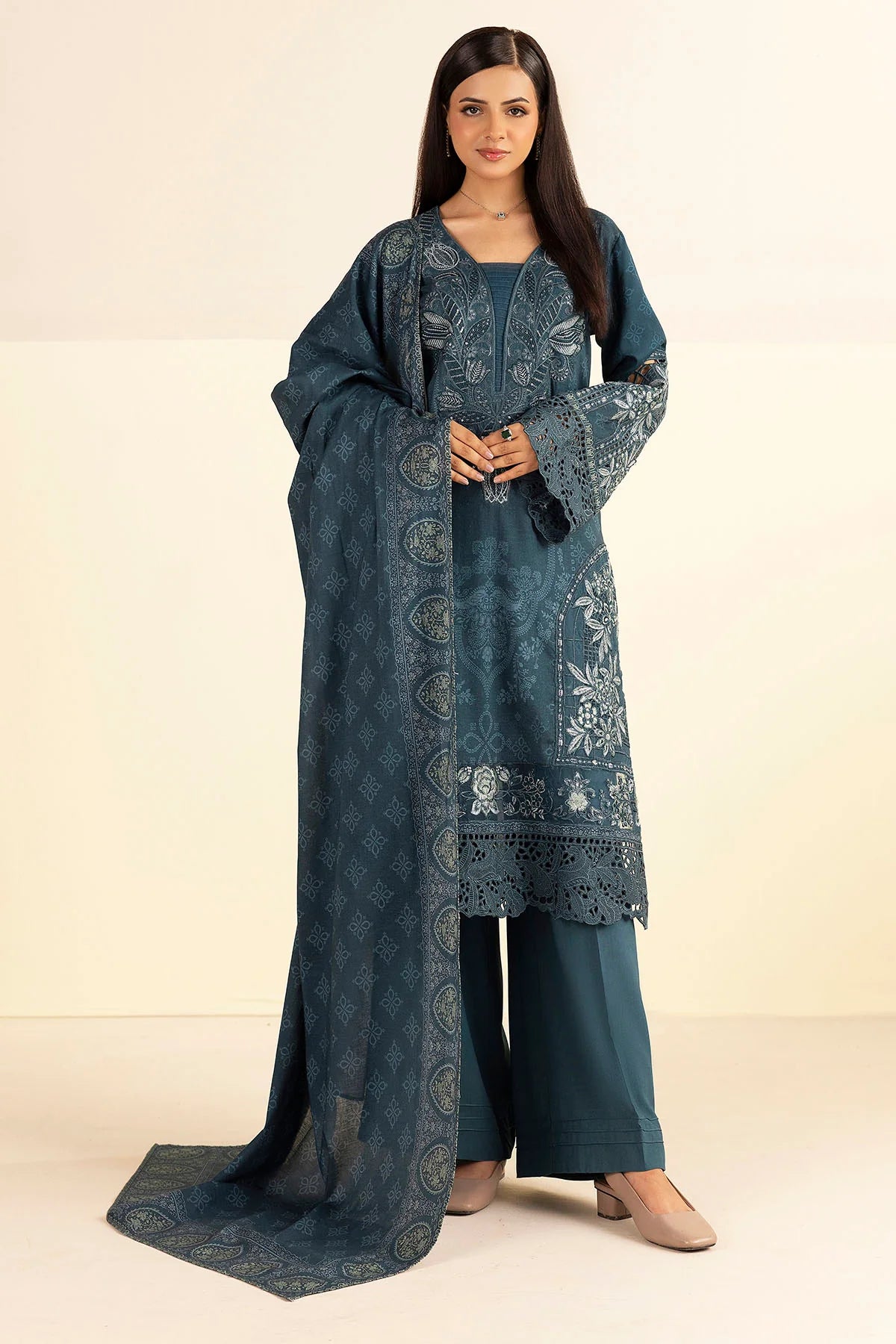 Steel Blue Embroidered Linen 3PC - Haiza
