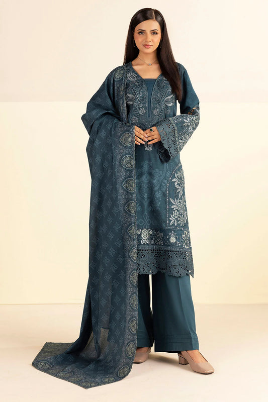 Steel Blue Embroidered Linen 3PC - Haiza