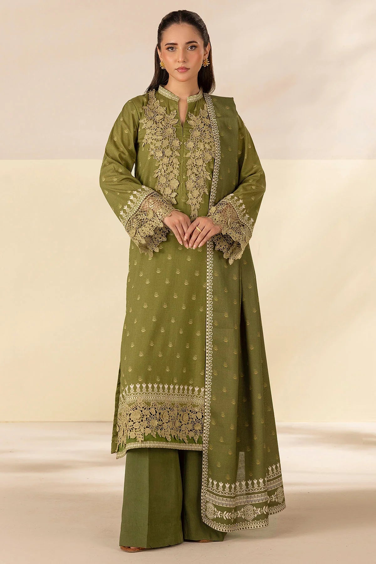 Olive Embroidered Linen 3PC - Nofaal