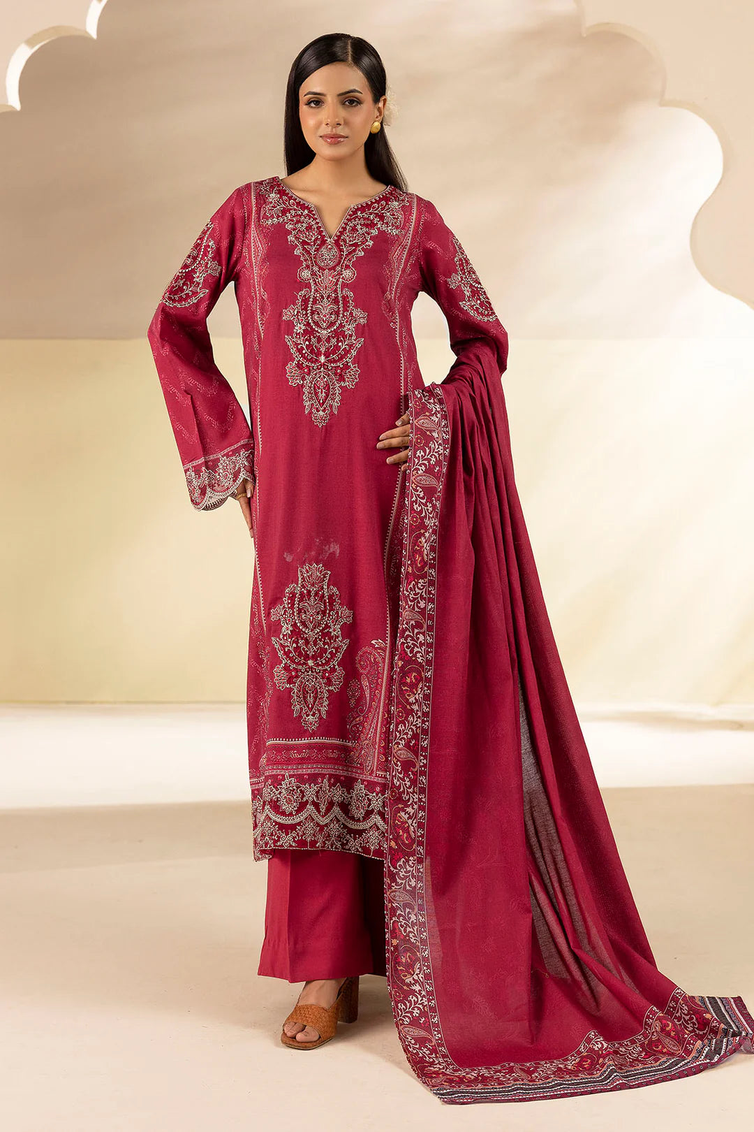 Arshi Pink Embroidered Linen 3PC - Mehza