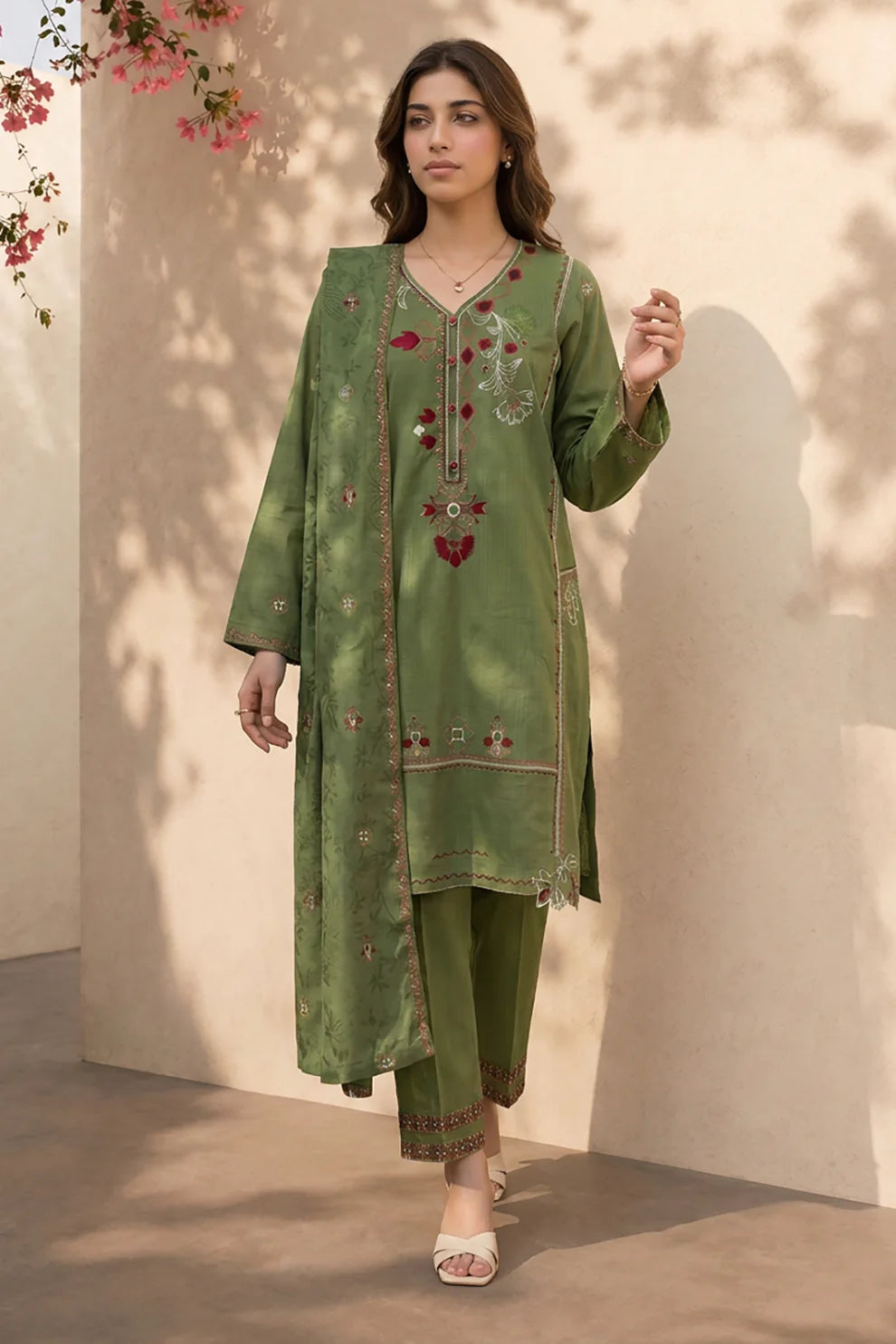 Green Embroidered Khaddar 3-Piece Set
