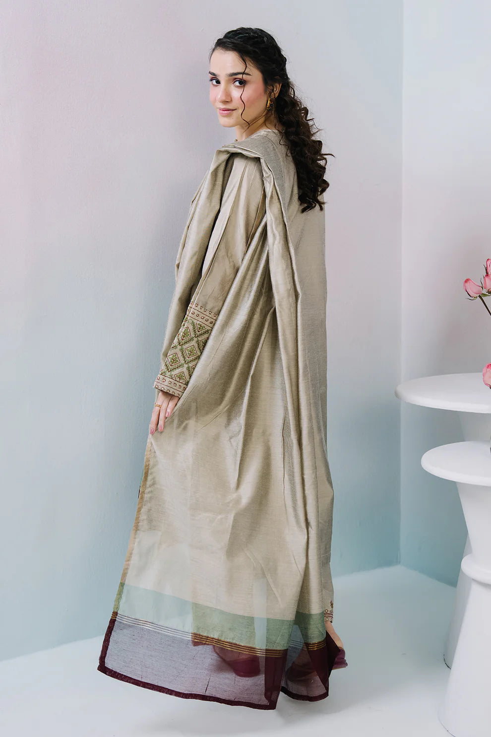 Embroidered Textured 3-Piece in Beige