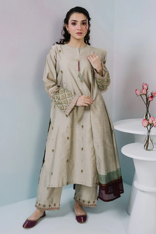 Embroidered Textured 3-Piece in Beige