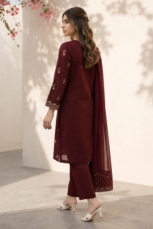 Embroidered Yarn-Dyed 3-Piece – Rich Maroon