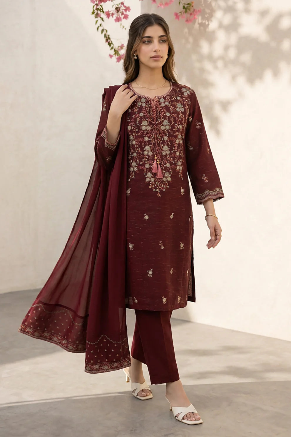 Embroidered Yarn-Dyed 3-Piece – Rich Maroon