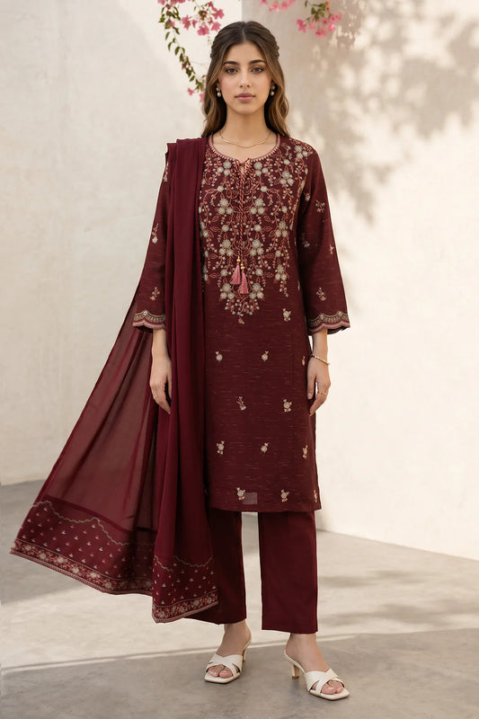 Embroidered Yarn-Dyed 3-Piece – Rich Maroon