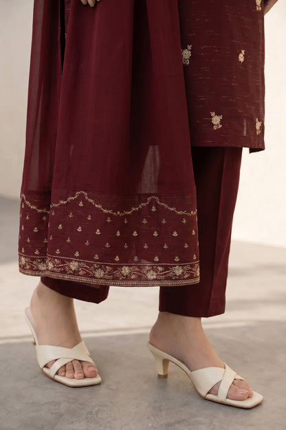 Embroidered Yarn-Dyed 3-Piece – Rich Maroon