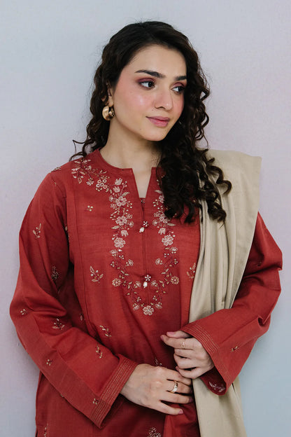 Embroidered Khaddar 3-Piece Suit – Rust