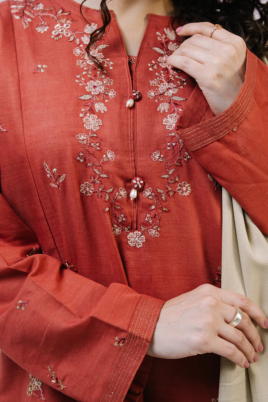 Embroidered Khaddar 3-Piece Suit – Rust
