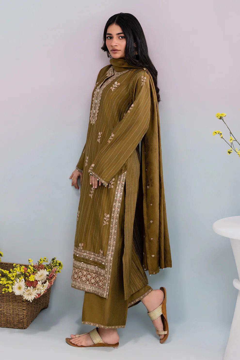 Embroidered Yarn-Dyed 3-Piece Suit – Olive