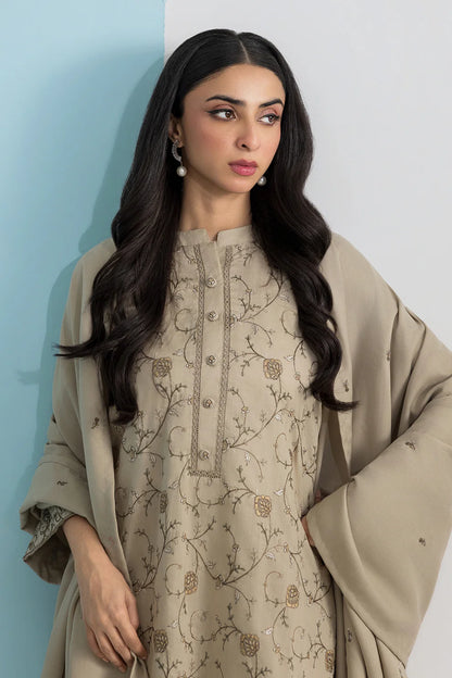 Embroidered Khaddar 3-Piece Suit – Beige