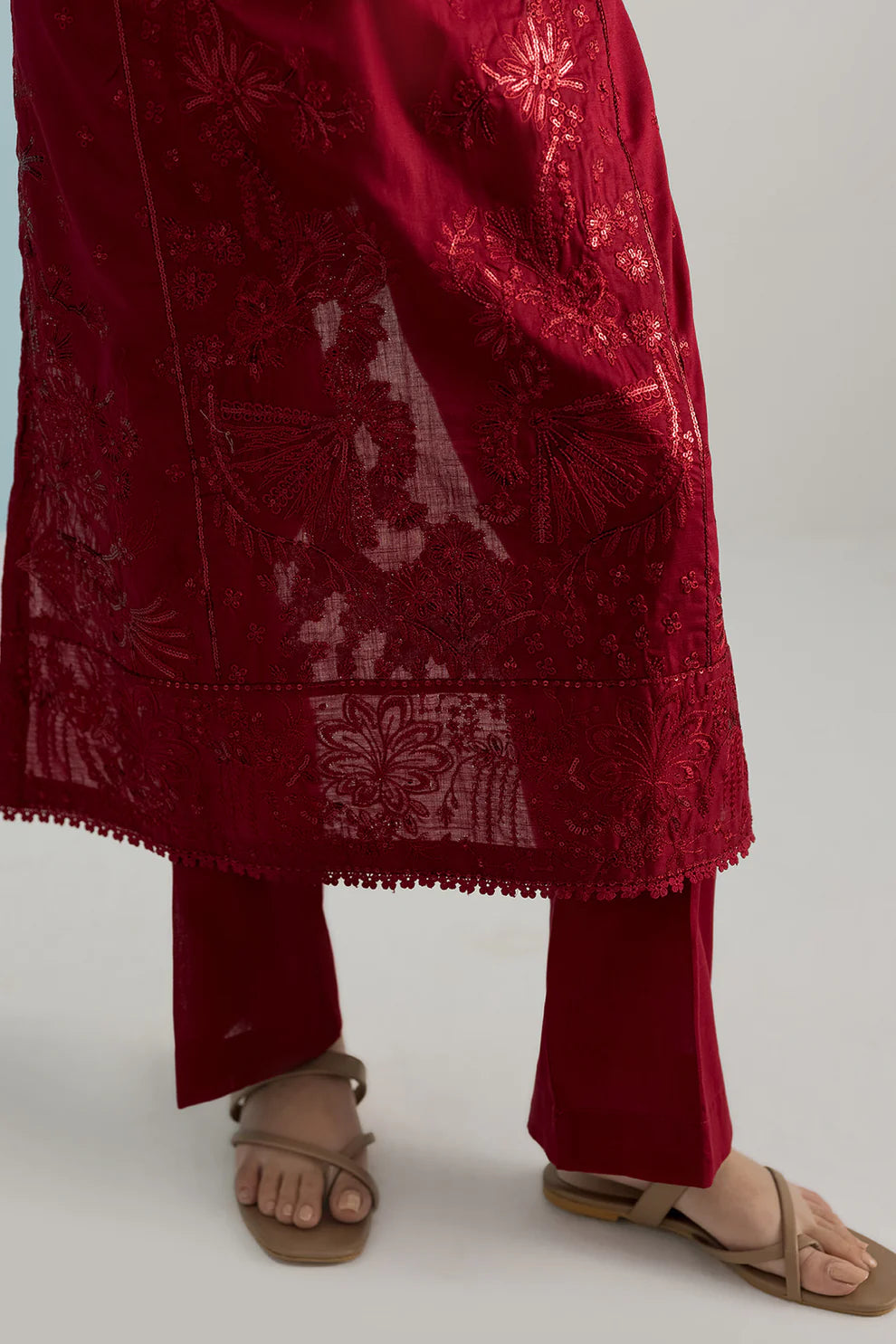 Embroidered Cross Slub 3-Piece Suit – Maroon