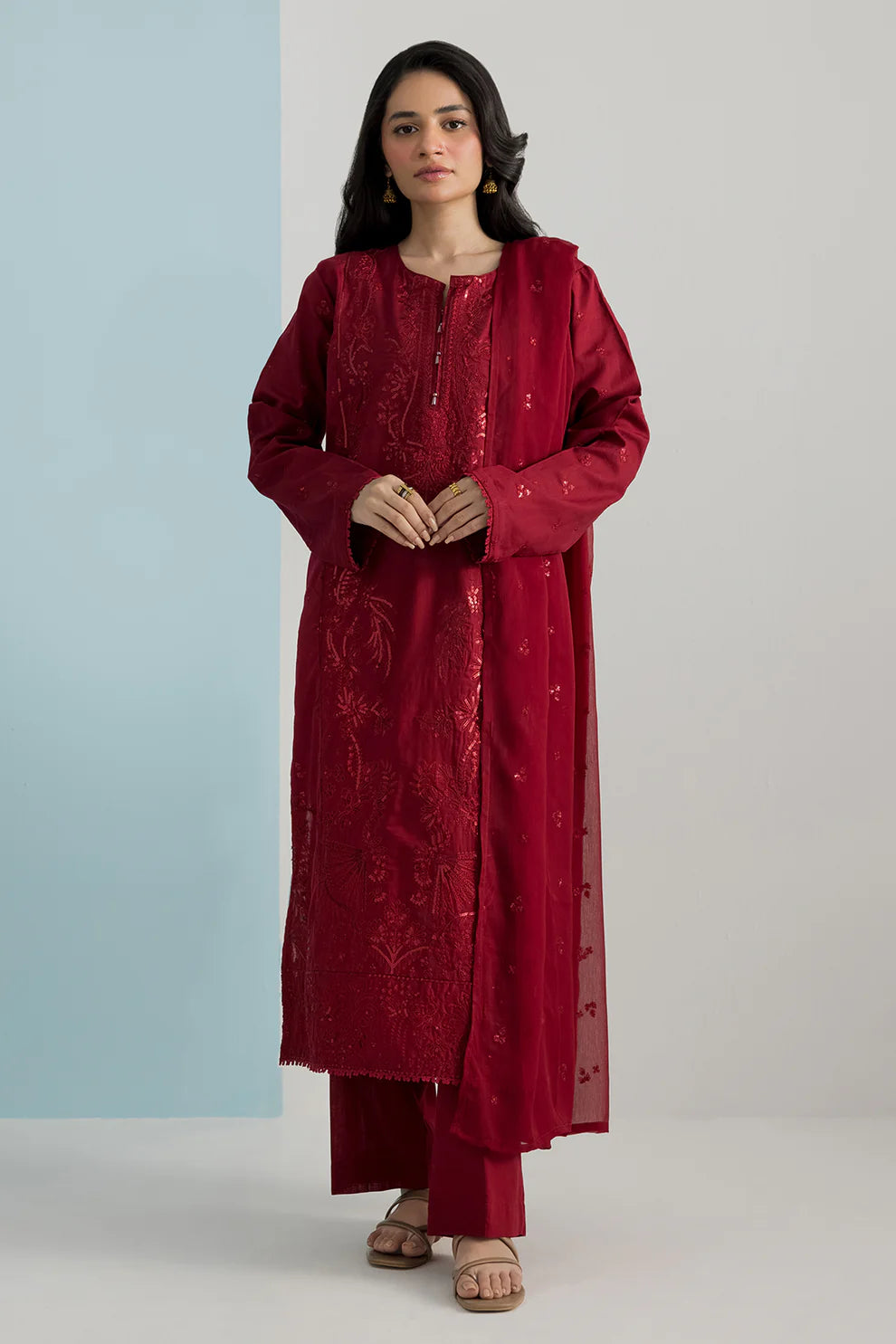 Embroidered Cross Slub 3-Piece Suit – Maroon